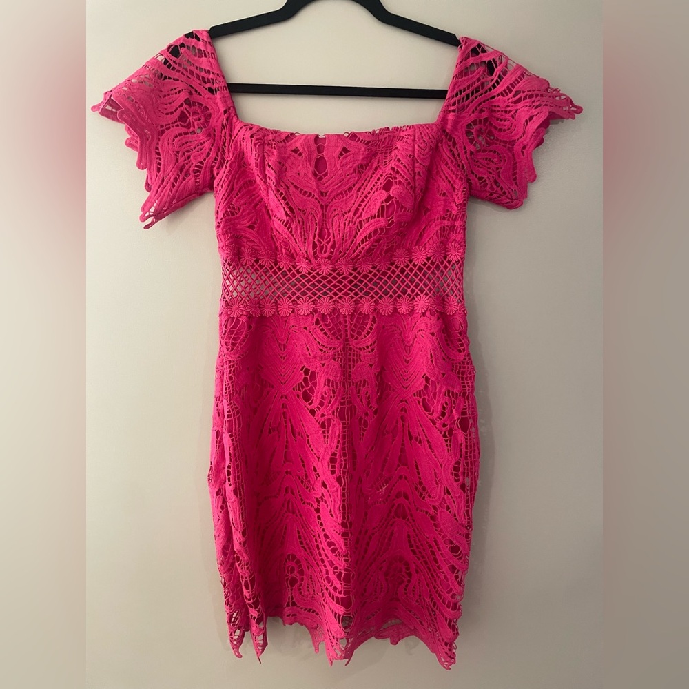 River Island Hot Pink Crochet Floral Off Shoulder Mini Dress